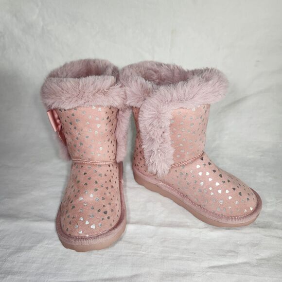 Sugar Toddlers Girls Sessy Cold Weather Boots Pink Metallic Hearts Fur Bows SZ 9 - Picture 1 of 6